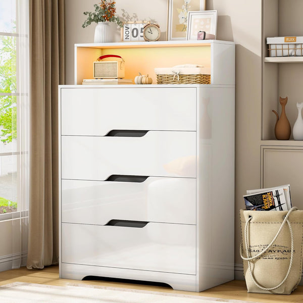 Akaber US 4 Drawer Dresser, 47.2" Modern Dresser and Chests of Drawers with LED Lights, Tall Chest of Drawers with Charging Station for Bedroom, Living Room