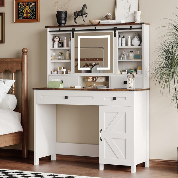 42.1'' Farmhouse Makeup Vanity Desk with Sliding Mirror and Lights, White Vanity with 4 Drawers & Shelves, Rustic Big Vanity Set for Bedroom
