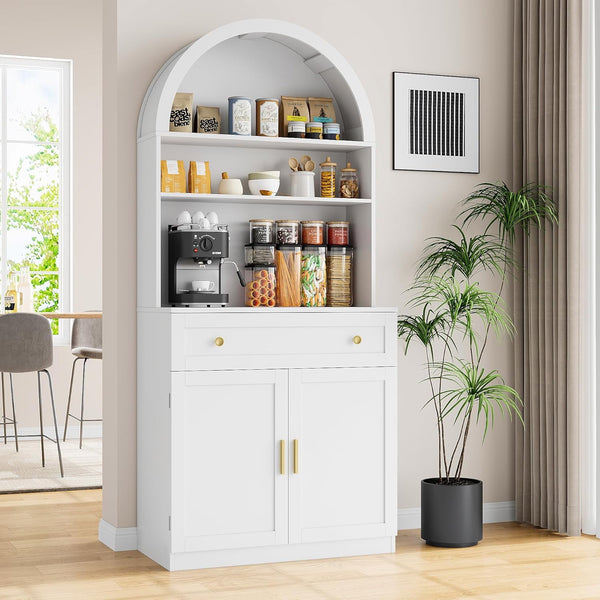 Akaber US 71" Tall Arched Kitchen Pantry Cabinet, Modern Kitchen Storage Cabinets with Hidden Drawer and Spacious Countertop, Wooden Storage Pantry Cabinet for Living Room, Dining Room, Black