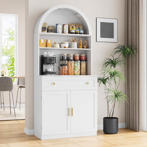 Akaber 71" Tall Arched Kitchen Pantry Cabinet, Modern Kitchen Storage Cabinets with Hidden Drawer and Spacious Countertop, Wooden Storage Pantry Cabinet for Living Room, Dining Room, White