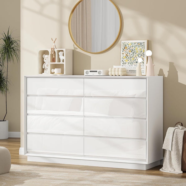 Akaber 8 Drawer White Dresser for Bedroom, Glossy Wood Dresser with Double Deep Chests of Drawer