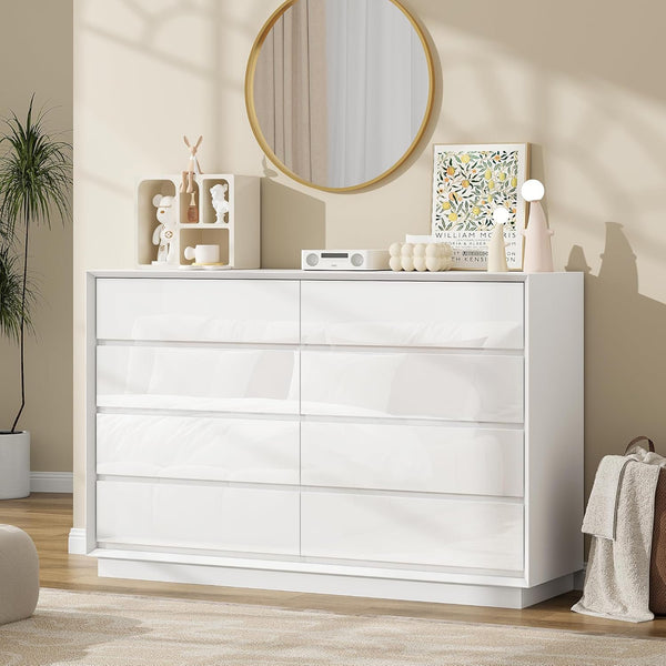 8 Drawer Black Dresser for Bedroom, Glossy Wood Dresser with Double Deep Chests of Drawer for Bedroom, Kids Room