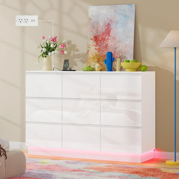 9 Drawer Dresser, Modern White Dresser for Bedroom, Glossy Long Dresser with LED Lights & Charging Station, Wide Dressers and Chests of Drawers, Ball Bearing Slide