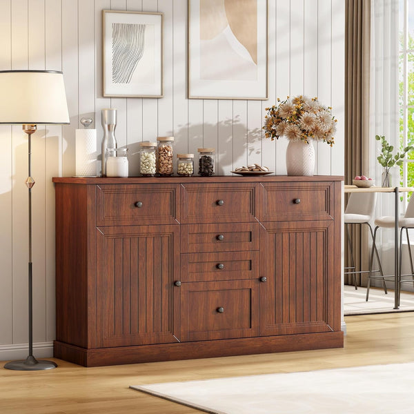 Akaber Buffet Cabinet with Storage, Farmhouse Buffet Cabinet with 6 Drawers and 2 Doors, Sideboard Cabinet for Dinning Room, Living Room (Walnut, 57.4)