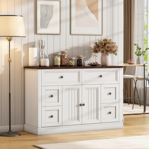 Buffet Cabinet with Storage, Farmhouse Buffet Cabinet with 6 Drawers and 2 Doors, Sideboard Cabinet for Dinning Room, Living Room