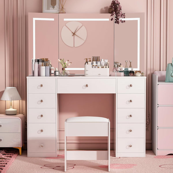 Akaber US Vanity Desk with Power Outlet, Makeup Vanity with Mirror and LED Lights, 3 Lighting Modes,11 Drawers Vanity Table with Sliding Jewelry Storage, White