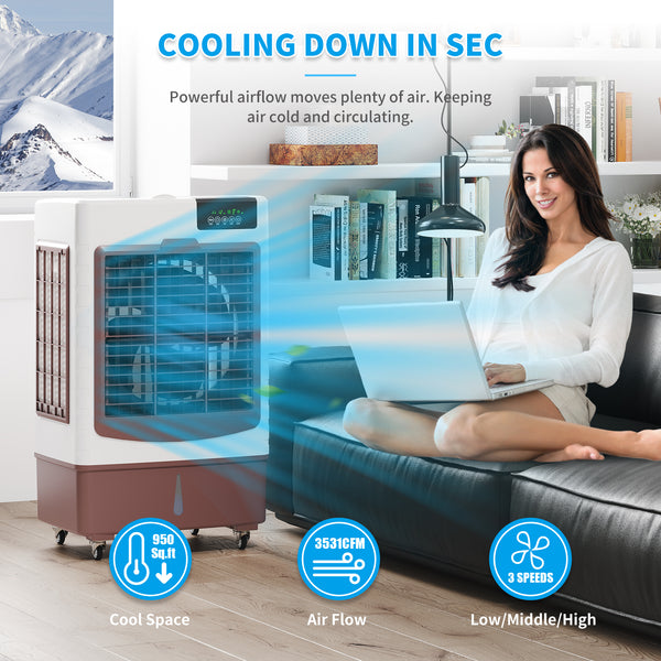 Evaporative Cooler, 3531CFM Evaporative Air Cooler with 10.6 Gal Large Tank, 130°Oscillation Swamp Cooler
