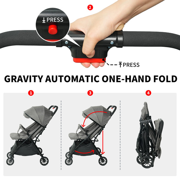 Lightweight Baby Stroller, Gravity Automatic One-Hand Fold Travel Stroller for Baby and Toddlers 0-3, Ultra Compact Stroller for Airplane with Adjustable Backrest, Canopy and Footrest