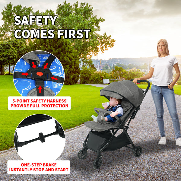 Lightweight Baby Stroller, Gravity Automatic One-Hand Fold Travel Stroller for Baby and Toddlers 0-3, Ultra Compact Stroller for Airplane with Adjustable Backrest, Canopy and Footrest