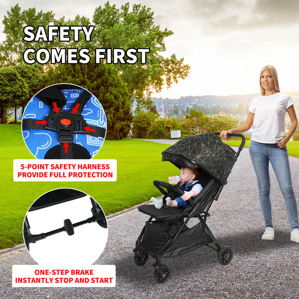 Lightweight Baby Stroller, Gravity Automatic One-Hand Fold Travel Stroller for Baby and Toddlers 0-3, Ultra Compact Stroller for Airplane with Adjustable Backrest, Canopy and Footrest