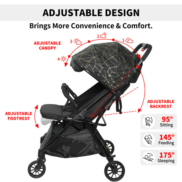 Lightweight Baby Stroller, Gravity Automatic One-Hand Fold Travel Stroller for Baby and Toddlers 0-3, Ultra Compact Stroller for Airplane with Adjustable Backrest, Canopy and Footrest