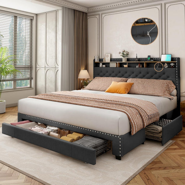 Bed Frame with 3 Drawers, 2-Tier Storage Headbord, Bed Frame with Storage, LED Lights and Charging Station, Upholstered Platform Bed Frame, Wood Slats Support