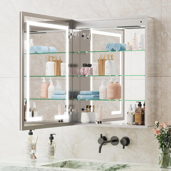 Bathroom Mirror Cabinet, Akaber 24"x30" Medicine Cabinet with Double-Side LED Lights, Anti-Fog, 5 Mirrors, Dimmable Sensor Light & Outlets, Recessed/Wall Mount