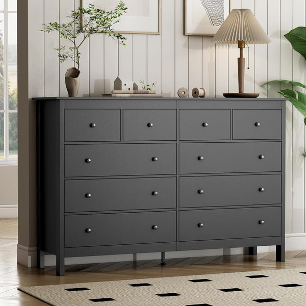 Black Dresser, Wanan 10 Drawer Dresser for Bedroom, 55 Inch Wide Modern Chest of Drawers, Tall Bedroom Furniture Storage Organizer