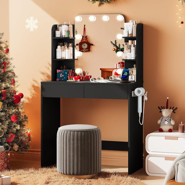 Black Small Vanity Desk with Lighted Mirror and Power Outlet, Pipleo 31.5" Makeup Table with 2 Drawers & 6 Storage Shelves, Women Girls Vanity for Small Space, Easy Assembly