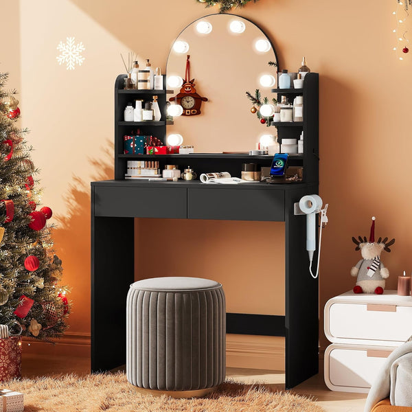 Black Small Vanity Desk with Lighted Mirror and Power Outlet, Pipleo 31.5" Makeup Table with 2 Drawers & 6 Storage Shelves, Women Girls Vanity for Small Space, Easy Assembly