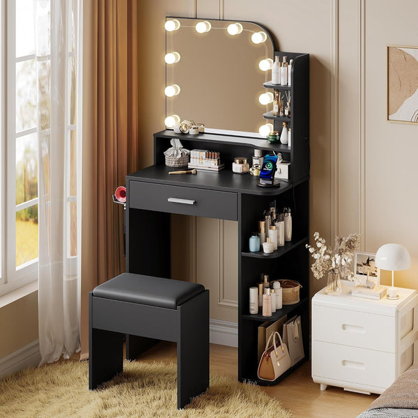Black Vanity Set with Mirror and Lights, Pipleo 26.4" Small Vanity with Stool and Charging Station, Makeup Vanity Desk, 3 Color Lighting Modes