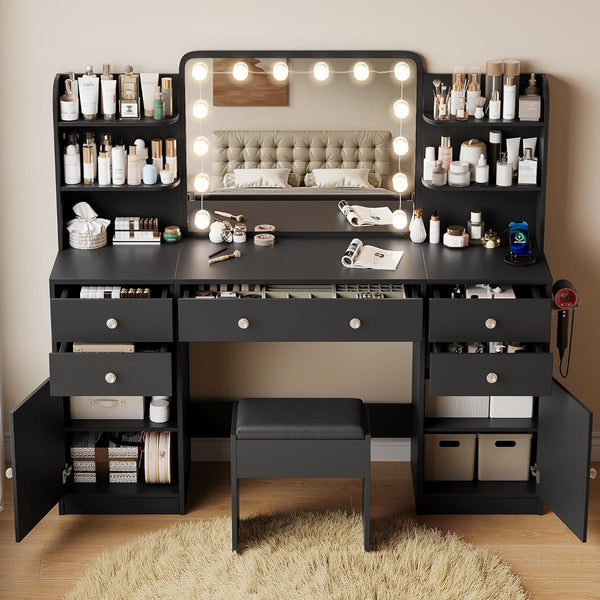 Black Vanity Sets with Mirror and LED Lights, Wanan 58.2" Makeup Vanity Table with Power Outlet, 5 Drawers 2 Cabinets & 6 Shelves, Vanity Desk with Stool