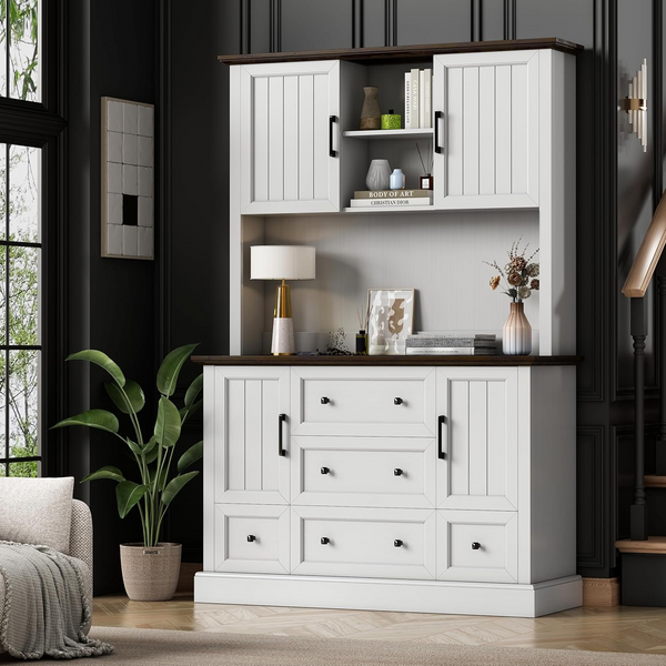 Kitchen Pantry Cabinet, 71" Kitchen Hutch with LED Light & Power Outlets, Farmhouse Kitchen Hutch for Living Room, Bathroom and Dinning Room