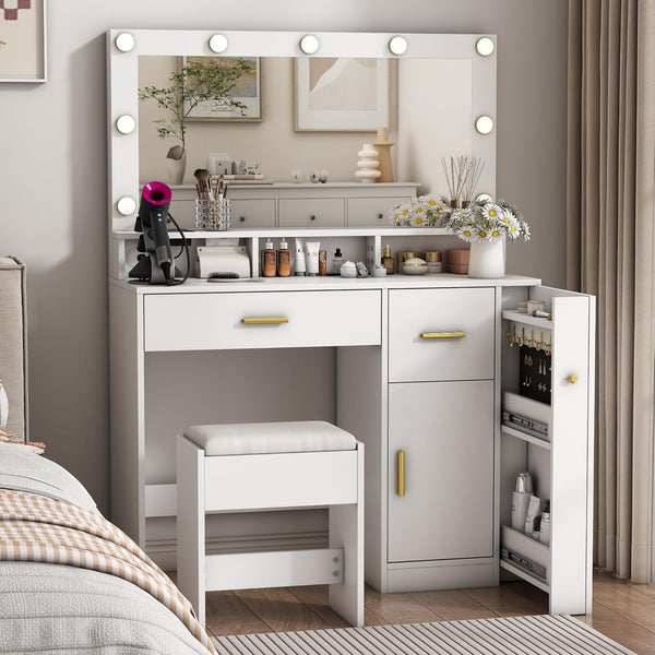 40.6" White Vanity Table with LED Lights White Vanity Desk with 2 Drawers & Power Outlet, Sliding Jewelry Storage