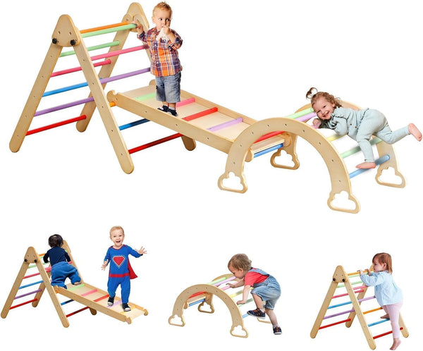 5 in 1 Pikler Triangle Set, Wooden Montessori Climbing Set with Ladder, Ramp, Arch, Rocker and Slide, Climbing Toys for Toddlers 1-3 Inside, Foldable Pikler Triangle