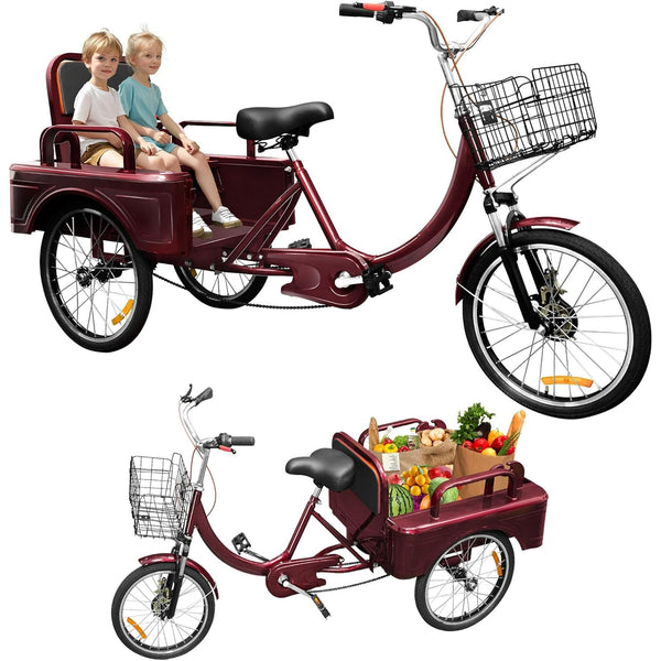 DEYGIA Adult Tricycle, 20 Inch 3-Wheel Bikes Carrying Passengers and Cargo, Trike for Adults with Front Baskets for Women, Seniors, Men, Low Step-Through Cruiser Bike for Cycling, Outing, Picnic