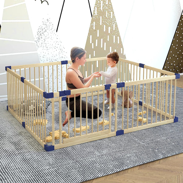 Wooden Baby Playpen with Safety Gate, 78.7" x 70.8" Extra Large, Portable Baby Play Yard
