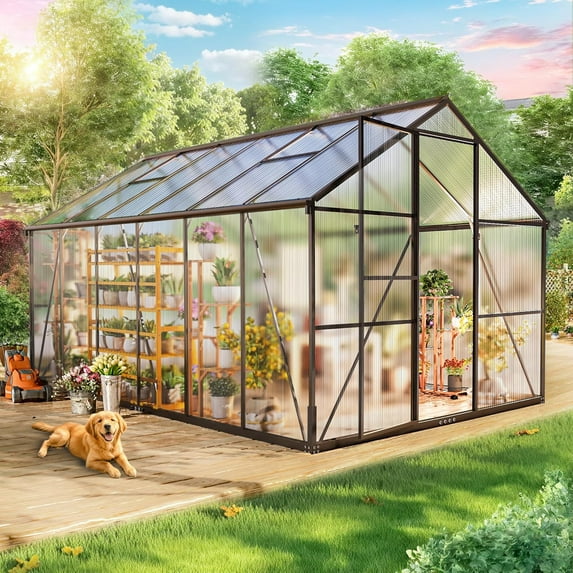 Pipleo Greenhouse for Outdoors，8x12 FT Polycarbonate Green House Walk-in，Greenhouse with 4 Adjustable Roof Vents & Sliding Doors for Garden