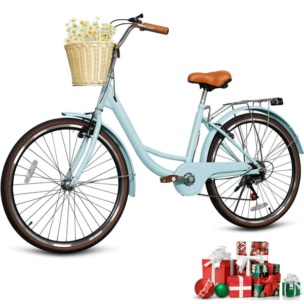 DEYGIA Kids Bike, Cruiser Bike for Girls, 24 inch 7 Speed Kids' Bicycles with Rattan Basket and Adjustable Seat, Lightweight Step Bike for Kids Girls Boys Teenagers