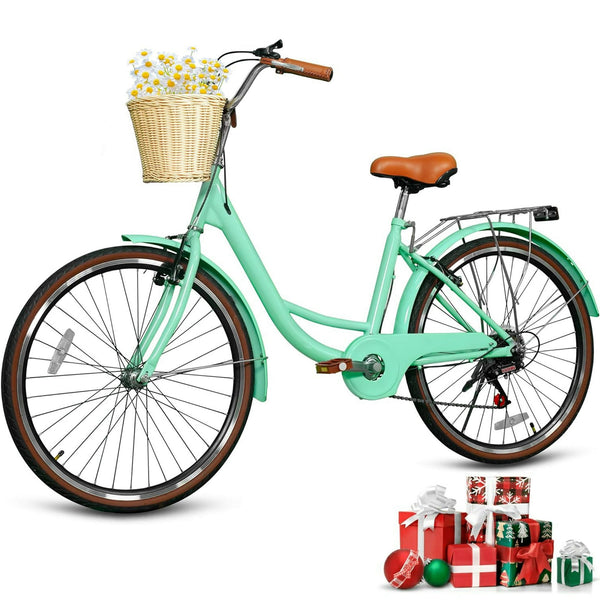 DEYGIA Kids Bike, Cruiser Bike for Girls, 24 inch 7 Speed Kids' Bicycles with Rattan Basket and Adjustable Seat, Lightweight Step Bike for Kids Girls Boys Teenagers