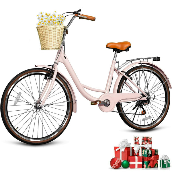 DEYGIA Kids Bike, Cruiser Bike for Girls, 26 inch 7 Speed Kids' Bicycles with Rattan Basket and Adjustable Seat, Lightweight Step Bike for Kids Girls Boys Teenagers