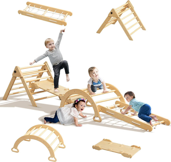 Pikler Triangle Set, Wooden Montessori Climbing Toys for Toddlers
