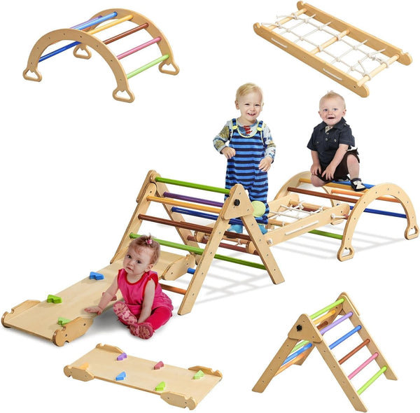 Pikler Triangle Set, Wooden Montessori Climbing Toys for Toddlers