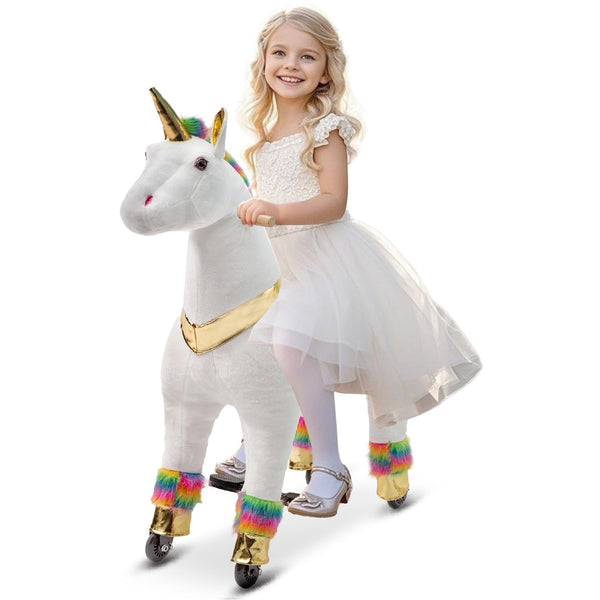 DEYGIA Ride on Unicorn Toys, Mechanical Cycle Walking Action Plush Animal, Max Load 165 lbs