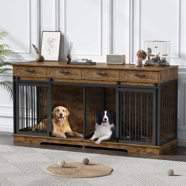Double Dog Crate Furniture for 2 Large Dogs, Akaber 71" Large Dog Kennel with 4 Storage Drawers, Removable Dividers, Wooden Dog Cage Furniture TV Stand with Sliding Barn Door