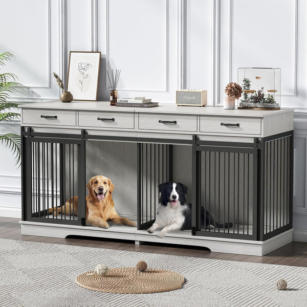 Double Dog Crate Furniture for 2 Large Dogs, Akaber 71" Large Dog Kennel with 4 Storage Drawers, Removable Dividers, Wooden Dog Cage Furniture TV Stand with Sliding Barn Door