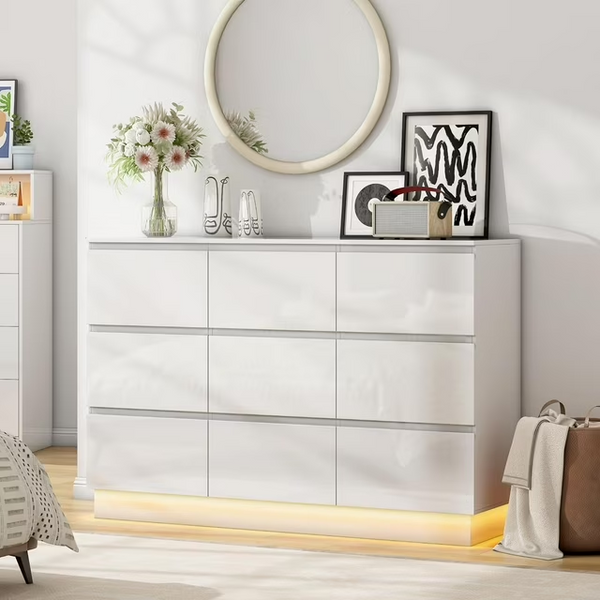 Pipleo 9 Drawer Dresser with Charging Station, 55" Modern Glossy Long Dresser