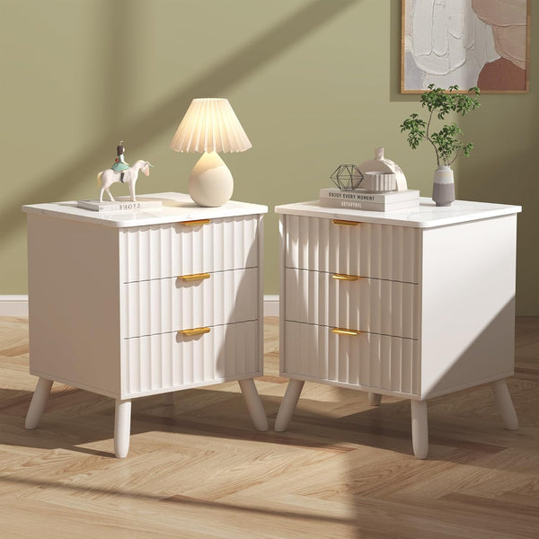 Fluted Nightstand Set of 2 with 3 Drawers and Faux Marble Top, Akaber Wooden Bedside Table with Metal Handle for Bedroom Living Room