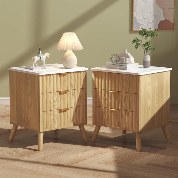 Fluted Nightstand Set of 2 with 3 Drawers and Faux Marble Top, Akaber Wooden Bedside Table with Metal Handle for Bedroom Living Room