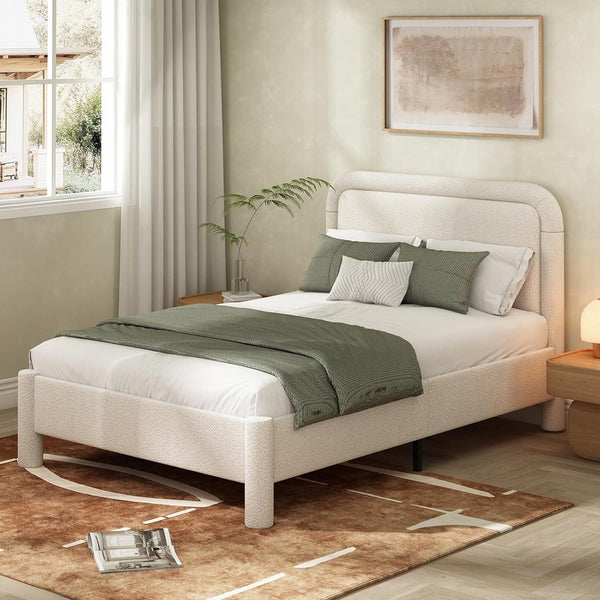 Full Size Bed Frame, Pipleo Boucle Upholstered Platform Bed with Headboard and Footboard, Soft Rounded Corners, No Box Spring Required, Easy Assembly, Cream