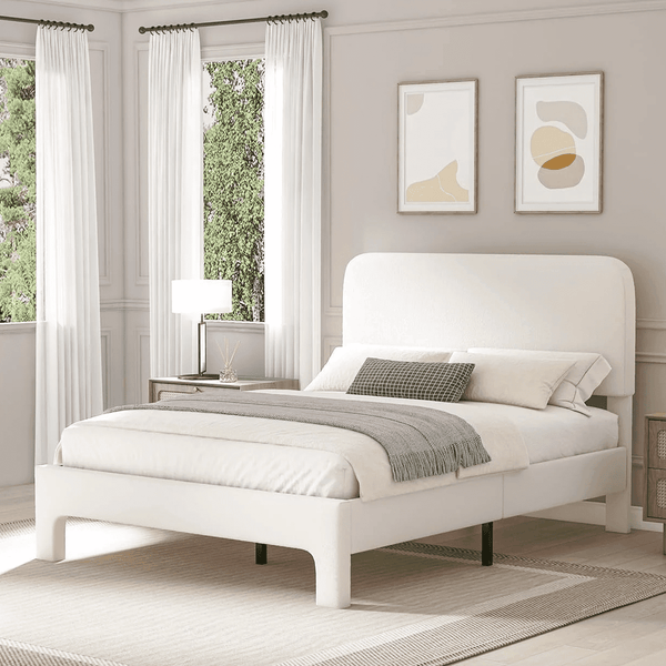 Full Size Bed Frame, Pipleo Upholstered Bed Frame with Rounded Corners, Adjustable Bed Frame in Modern Style, Heavy Duty Mattress Foundation, Noise-Free, Easy Assembly, Cream