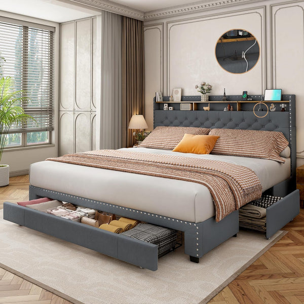 Bed Frame with 3 Drawers, 2-Tier Storage Headbord, Bed Frame with Storage, LED Lights and Charging Station, Upholstered Platform Bed Frame, Wood Slats Support