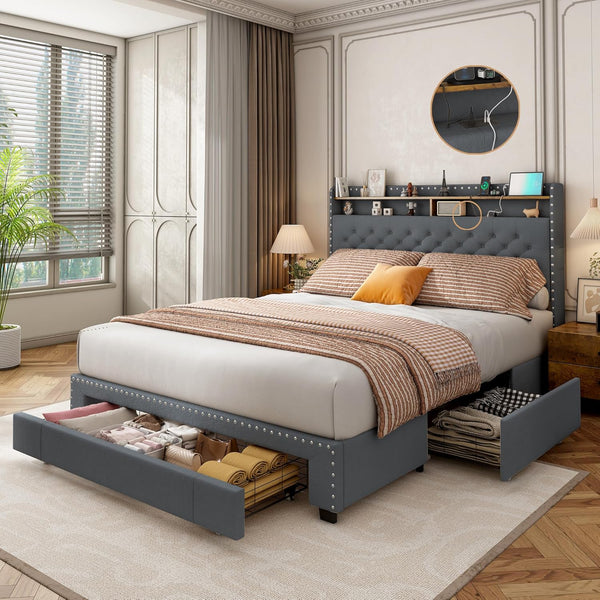 Bed Frame with 3 Drawers, 2-Tier Storage Headbord, Bed Frame with Storage, LED Lights and Charging Station, Upholstered Platform Bed Frame, Wood Slats Support