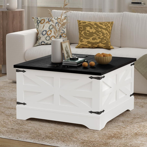 31.5" Farmhouse Coffee Table, Square Wood Center Coffee Table with Hidden Storage for Living Room, Rustic Cocktail Coffee Table with Hinged Lift Top for Home