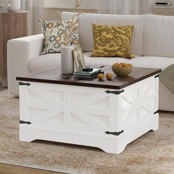 31.5" Farmhouse Coffee Table, Square Wood Center Coffee Table with Hidden Storage for Living Room, Rustic Cocktail Coffee Table with Hinged Lift Top for Home