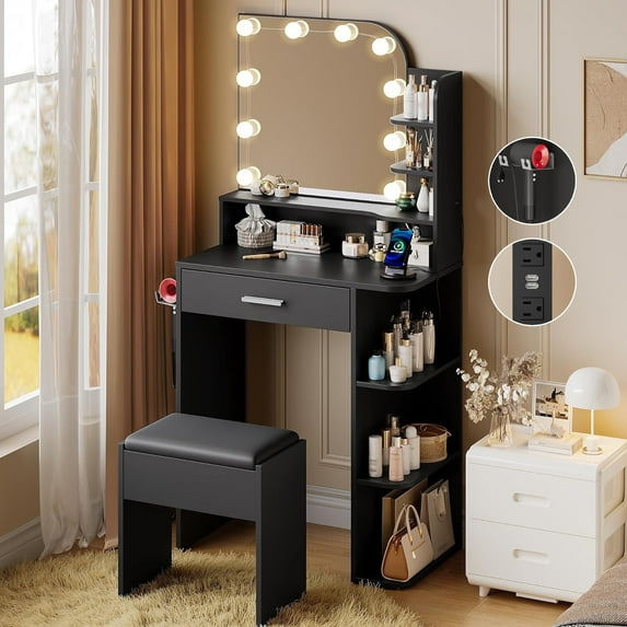 ICEELF Vanity Desk with Lighted Mirror, Modern Makeup Vanity Desk with Drawers for Women, 1 Piece