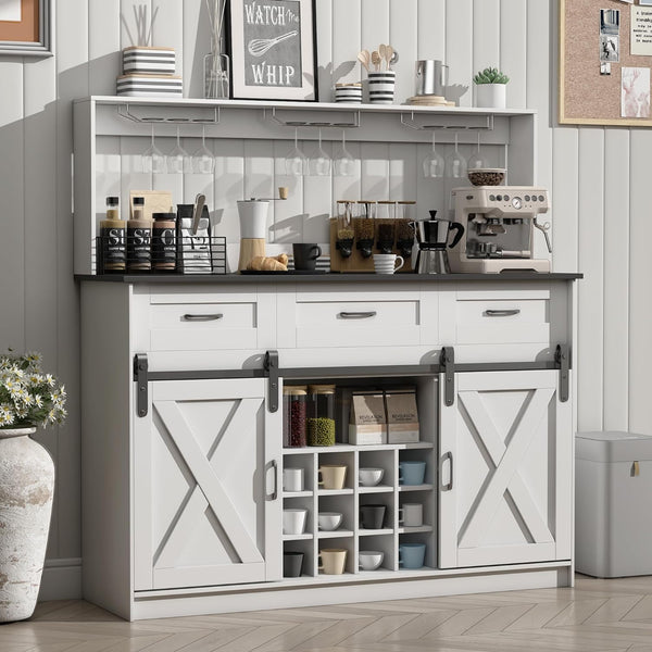 52" Coffee Bar Cabinet, Farmhouse Liquor Bar w/Storage Shelves and 3-Row Glass Holder