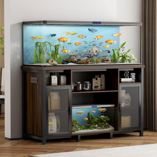 55-75 Gallon Fish Tank Stand with 2-Metal Net Door, Aquarium Stand with Power Outlets and Cabinet for Fish Tank Accessories Storage, Heavy Duty Metal Frame