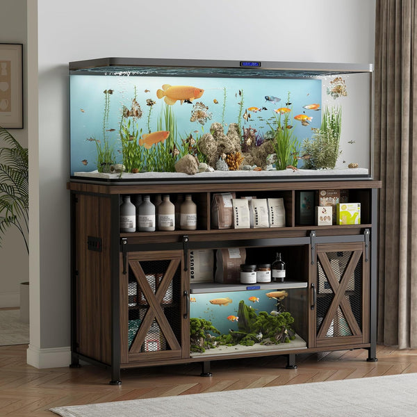 55-75 Gallon Fish Tank Stand with Power Outlets, Large Aquarium Stand with Cabinet for Accessories Storage, Heavy Duty Metal Reptile Tank Turtle Terrariums Table, 1380 LBS Capacity