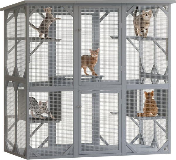 Catio, Extra Large 71'' Outdoor Cat Enclosure with 6 Platforms, Outdoor Cat House with Fir Wood, Weatherproof Kitty Catio with 2 Resting Box